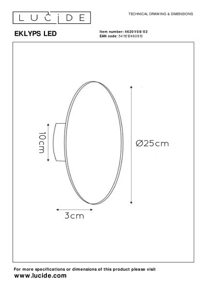 Lucide EKLYPS LED - Wandlamp - Ø 25 cm - LED - 1x8W 3000K - Mat Goud / Messing - technisch
